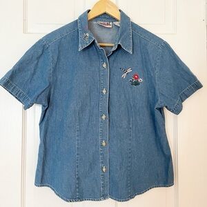 Vintage Billblass Jeans Denim Short Sleeve Shirt with Dragonfly Embroidery Large